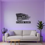 Cartel de metal con bandera americana y mecánico | Decoración de garaje LED personalizada | Arte mural con nombre a medida para él