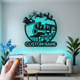 Custom Santa Train Led Light Metal Wall Art Personalized Christmas Gift for Families Holiday Living Room Decor