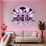 Panneau maquilleuse sur mesure | Décoration murale florale LED en métal | Décor personnalisé pour salon de beauté | Logo coiffeuse