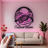 Art Murale en Métal Tortue de Mer LED | Panneau de Nom Personnalisé | Décor Nautique de Plage | Silhouette de Faune Marine sur Mesure