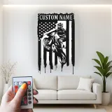 Personalized Motocross Metal Sign | LED American Flag Wall Art | Custom Dirt Bike Decor for Garage, Man Cave & Race Fans