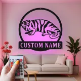 Décoration murale en métal personnalisée avec éclairage LED Chameleon pour les amoureux des reptiles - Cadeau unique pour la chambre
