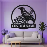 Individuelles Raben-Metallschild | Personalisierte gotische Rosen-Wandkunst | LED-beleuchtete Vintage-Vogel-Dekoration für Zuhause oder Büro