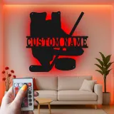 Cartel LED de hockey personalizado | Decoración mural de metal a medida para habitación de jugador | Regalo para aficionado al hockey sobre hielo | Decoración para cueva del hombre