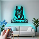 Insegna LED personalizzata con Pastore Tedesco | Arte da parete con nome del cane | Decorazione in metallo retroilluminata per ingresso | Regalo per amanti dei cani