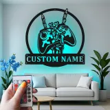 Custom Gamer Metal Sign | Personalized LED Wall Art for Teen Room | Video Game Controller Decor for Man Cave