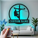 Personalized Lineman Sign | LED Metal Wall Art for Electrician | Custom Name Powerline Decor | Gift for Utility Worker Dad Husband