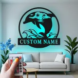 Custom Dolphin Ocean Scene Led Light Metal Wall Art Personalized Beach Lover Gift Coastal Living Room Decor