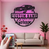 Cartel de metal LED personalizado para garaje con coche, regalo personalizado para entusiastas de coches, decoración mural de garaje 2
