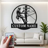 Arte mural LED de metal para liniero | Cartel personalizado con nombre para electricista | Regalo personalizado para trabajador de servicios públicos | Decoración industrial para oficina y garaje