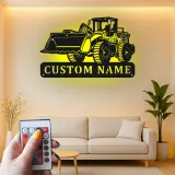Décoration murale en métal personnalisée avec bulldozer rétroéclairé - Cadeau personnalisé pour passionné de construction - Décor de garage ou de bureau