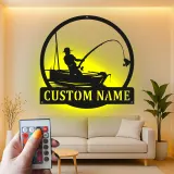 Insegna da pesca personalizzata con LED | Insegna in metallo personalizzata con pescatore | Decorazione per casa al lago e regalo per pescatori