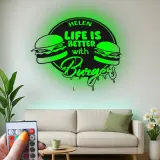 Insegna in metallo personalizzata con luce LED per amanti degli hamburger, regalo divertente per la cucina, decorazione per sala da pranzo