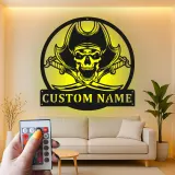 Panneau LED Crâne de Pirate | Art Mural Métallique Personnalisé | Décor Squelette Nautique Personnalisé pour Salle de Jeu & Bar