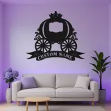 Cartel de carroza de calabaza personalizado | Arte mural de metal para guardería | Decoración temática de princesa con luces LED para habitación de niña