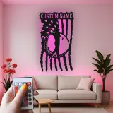 Insegna da golf su misura con LED | Arte murale in metallo con nome del golfista | Decorazione man cave con bandiera americana