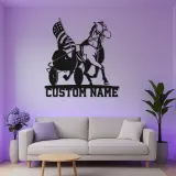 Harness Racing LED Metal Sign | Personalized Equestrian Wall Art | Custom Horse & USA Flag Stable Decor | Horse Lover Gift