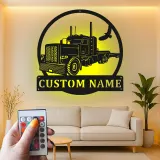 Custom Semi Truck LED Metal Sign | Personalized Trucker Name Art | Big Rig Decor for Man Cave | Gift for Driver
