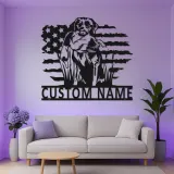 Panneau en métal personnalisé Labrador Hunting Dog | Décoration murale LED | Cadeau pour chasseur avec drapeau américain | Décor de cave et de chalet