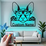 Panneau LED Métal Sphynx Personnalisé | Art Murale Silhouette de Chat de Compagnie Personnalisé | Décor Unique pour Amoureux des Chats