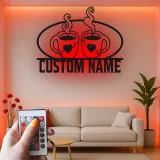 Cartel de metal personalizado con luz LED para pareja de tazas de café, regalo personalizado para cocina o decoración de café