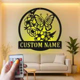 Décoration murale en métal personnalisée Papillon et Fleurs avec Rétroéclairage LED Cadeau pour Amateurs de Nature Décor de Chambre ou de Jardin