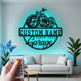 Personalized Motorcycle Metal Sign | LED Light Wall Art for Garage & Man Cave | Custom Biker Name Gift
