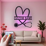Personalisierte Stethoskop-Schild | LED Metall-Wandkunst für Arztpraxen | Individuelles Geschenk für Krankenschwestern | Klinik Wanddeko