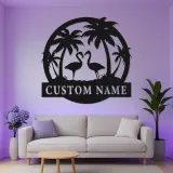 Insegna LED personalizzata con fenicottero | Arte tropicale in metallo su misura | Decorazione con nome per casa al mare | Decorazione murale per coppie
