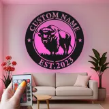 Insegna in metallo LED personalizzata con bufalo, regalo per ranch, decorazione rustica per soggiorno
