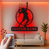 Arte murale in metallo per giocatore di tennis personalizzata | Insegna LED personalizzata per sala giochi | Regalo decorativo per atleta