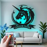 Cartel de metal LED personalizado de unicornio, regalo para decoración mágica de habitación infantil
