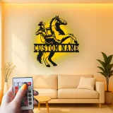 Insegna in metallo LED personalizzata con cowboy e cavallo - Regalo western per ranch o decorazione per man cave