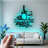 Décoration murale en métal personnalisée avec bouteille de vin et verre en rétroéclairage - Cadeau pour les amateurs de vin, décoration de cuisine ou de bar