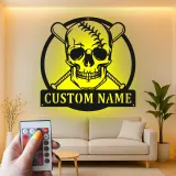 Cartel de metal personalizado de calavera de béisbol con luz LED, regalo único para aficionados al béisbol, decoración para sala de juegos
