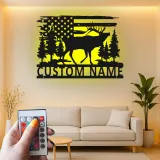 Insegna in metallo personalizzata con luce LED a forma di alce e bandiera americana, regalo per amanti della natura, decorazione per cabine rustiche