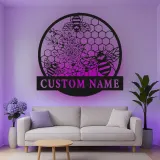 Personalisierte Bienen und Blumen LED Licht Metall-Wandkunst Geschenk für den Garten Natur-inspiriertes Wohnaccessoire