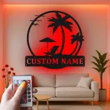 Custom Beach Scene Led Light Metal Wall Art Personalized Tropical Gift for Couples Bedroom or Patio Decor