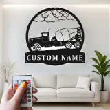 Décoration murale en métal personnalisée avec éclairage LED de camion de bétonnière - Cadeau de construction pour lui, décoration de garage ou d'atelier