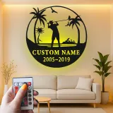 Décoration murale en métal personnalisée pour golfeur avec LED | Déco sur mesure pour club de golf | Panneau gravé avec prénom | Cadeau pour passionné de golf