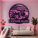 Panneau Métallique LED Personnalisé de Camion Semi | Art Mural avec Drapeau Américain | Cadeau Personnalisé pour Camionneur pour Man Cave & Garage