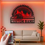 Cartel de metal personalizado de motosierra y hoja de sierra con luz LED regalo para leñador o carpintero decoración de taller