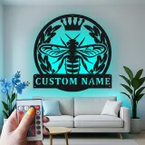 Custom Bee with Crown Led Light Metal Wall Art Personalized Gift for Nature Lovers Living Room or Garden Decor