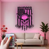 Skull Golfer Metal Wall Art | Personalized American Flag Golf Decor | LED Man Cave Signage for Enthusiasts