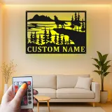 Custom Wolf Howling Landscape Led Light Metal Wall Art Personalized Nature Lover Gift Cabin Decor