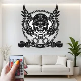 Cartel de garaje personalizado para moteros | Arte mural de calavera de metal LED | Decoración personalizada para motocicletas en el man cave o taller