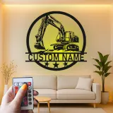 Décoration murale en métal LED personnalisée pour excavateur - Cadeau pour passionnés de construction, décoration de garage ou de bureau