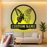 Décoration murale en métal personnalisée Papillon et Fleurs avec Rétroéclairage LED Cadeau pour Amateurs de Jardin Décor de Chambre ou de Patio