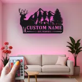 Personalisierte Hirsch-Mountain-Szene LED-Metall-Wandkunst – rustikales Geschenk für die Hütte