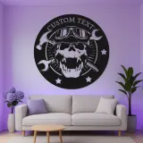 Individuelles Garagenschild mit LED | Personalisiertes Mechaniker Skull Metall Wandkunst | Vintage Biker Dekor für Werkstatt oder Man Cave